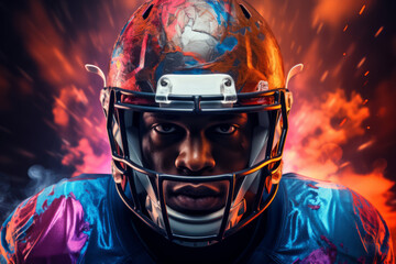 Dynamic close-up portrait of American football player against colorful background. Muscular African American athlete wearing protective helmet and mask with decisive look.