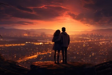 Silhouette of a loving couple standing on the edge of a cliff and looking at the city at sunset, A couple admiring the city skyline from a hilltop, wrapped in each other's warmth, AI Generated
