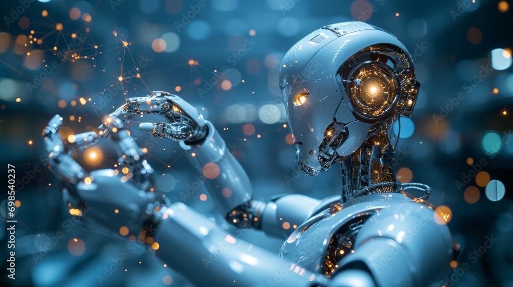 Poster imaginary illustration of android robot in front of touch screen in futuristic science lab. artifici