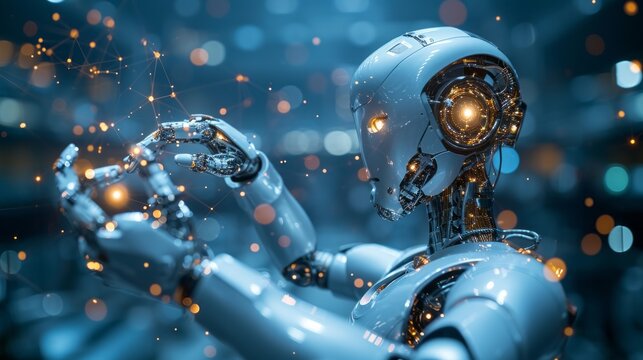 Imaginary illustration of android robot in front of touch screen in futuristic science lab. Artificial intelligence, robot engineering, innovation concept.