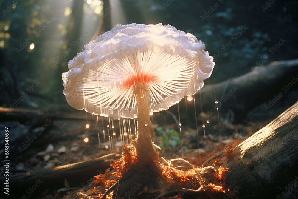 Poster a captivating image of a mushroom casting a radiant halo of light, offering a celestial and divine q
