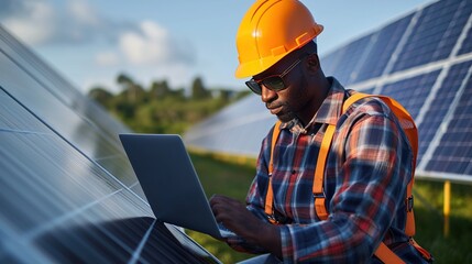 African american engineering are about to checking solar panels. Electrical and instrument technician use laptop to maintenance electric solution 