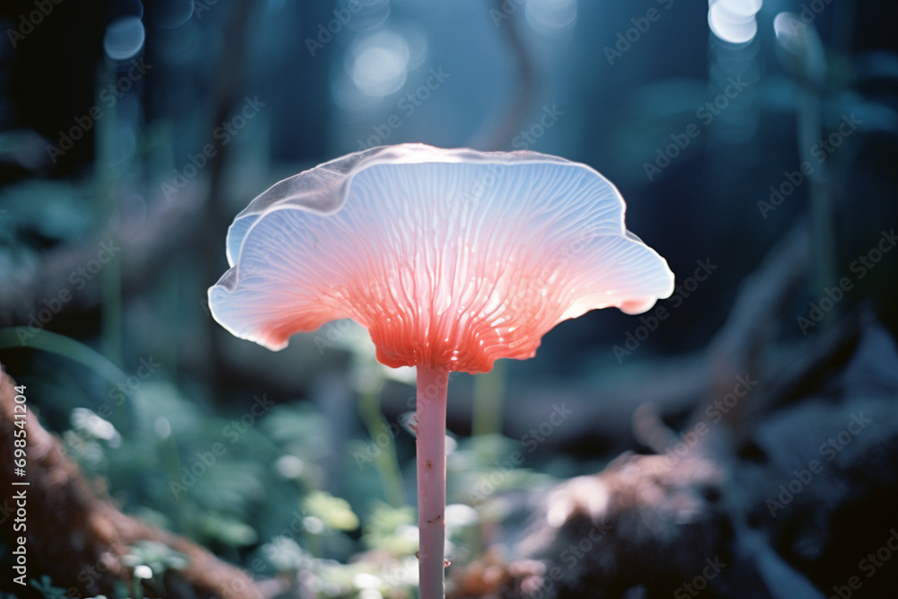Poster an abstract representation of a mushroom in bloom, radiating a soft and ethereal glow, ideal for nat