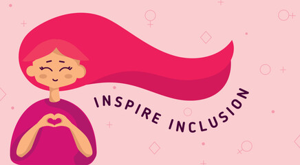 Happy women hands gesture as heart shape, flat carton modern style. Inspire inclusion concept banner. International Women's Day 2024. Gender discrimination and stereotypes. Vector illustration