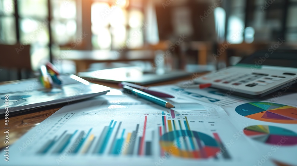 Poster analysts in the workplace are studying financial data for marketing strategy at the workspace, and t