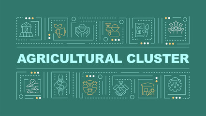 2D agricultural clusters text with various creative thin linear icons concept on dark green monochromatic background, editable vector illustration.