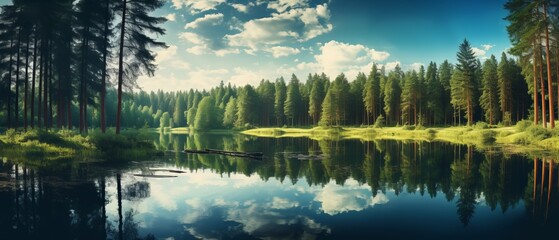 Panoramic quiet forest lake with reflection of trees on quiet water