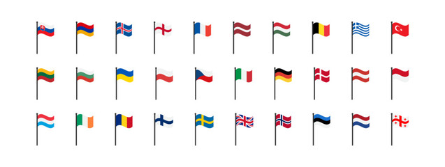 European flags icon. Europe countries set signs. Nation symbol. Banner of France, Germany, Italy, British, and other symbols. Square form icons. Vector isolated sign.