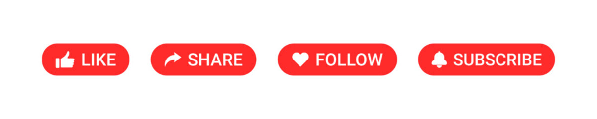 Like, share, follow, subscribe button icon. Video symbol. Social media app. Online bar click. Application interface. Vector illustration. - obrazy, fototapety, plakaty