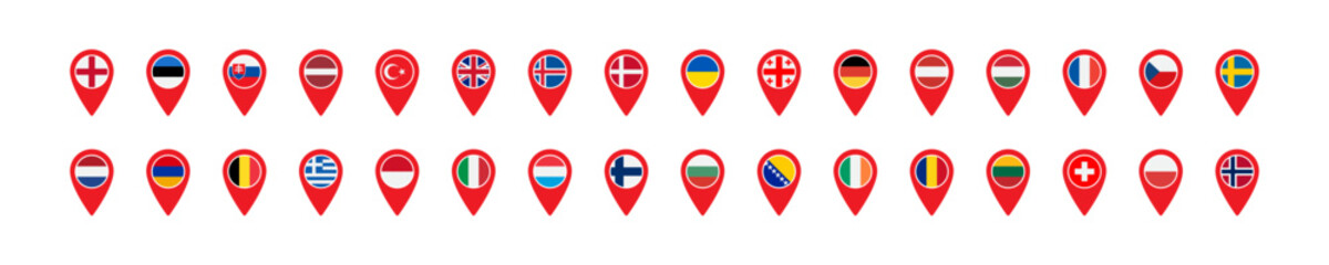European flags in the geo location icon. Europe countries map pin set signs. Nation symbol. Banner of France, Germany, Italy, British, and other symbols. Square form icons. Vector isolated sign.