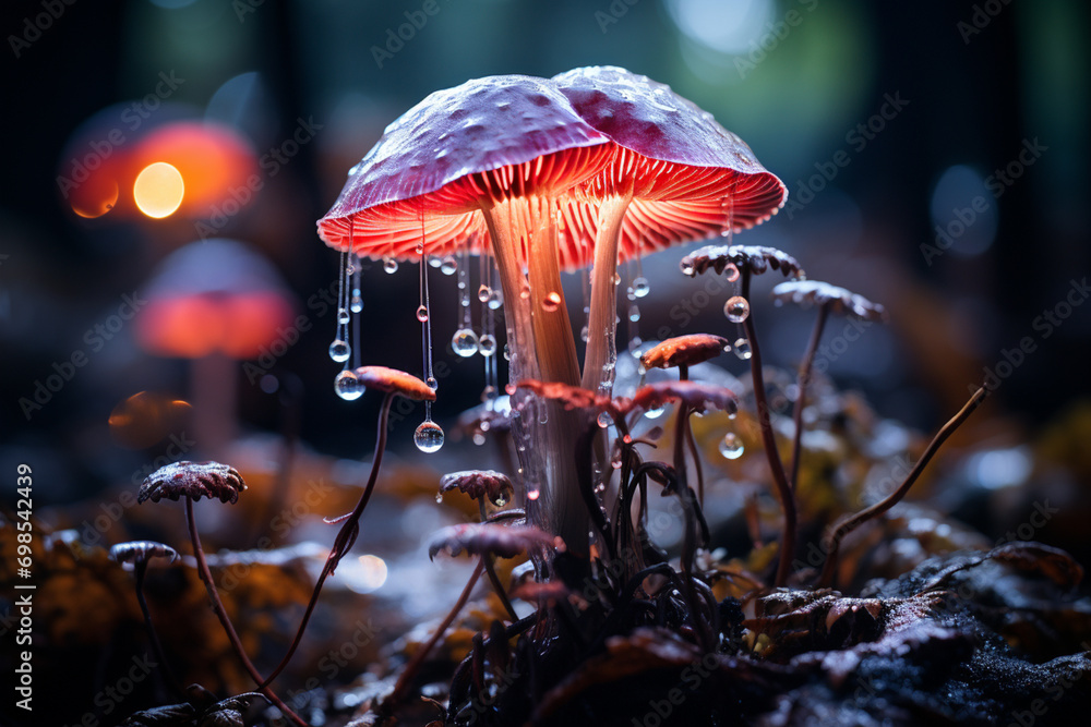 Poster a metaphorical portrayal of a mushroom as a biological lighthouse, guiding the way with its luminous