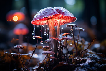 A metaphorical portrayal of a mushroom as a biological lighthouse, guiding the way with its luminous presence for navigational and directional designs. - obrazy, fototapety, plakaty
