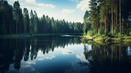 Panoramic quiet forest lake with reflection of trees on quiet water