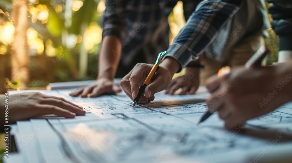 Poster architect, engineering and team with blueprint outdoor on table for construction and building projec