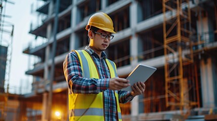Engineer with hardhat using tablet pc computer inspecting and working at construction site