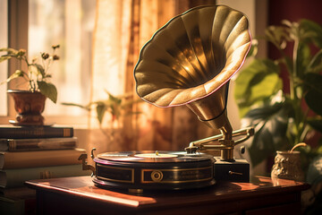 old gramophone with vinyl records - obrazy, fototapety, plakaty