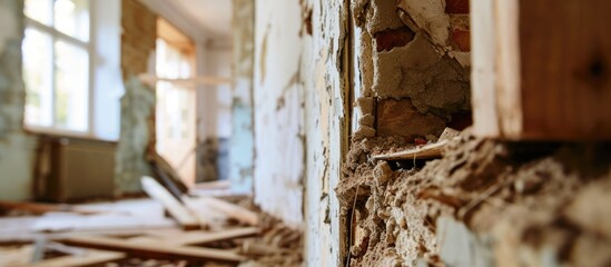 Removing wall between house and extension. DIY renovation, selective focus.