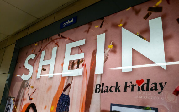 London, UK- 12.15.2023. A  Black Friday billboard advertisement by the Chinese online fast fashion retailer Shein.