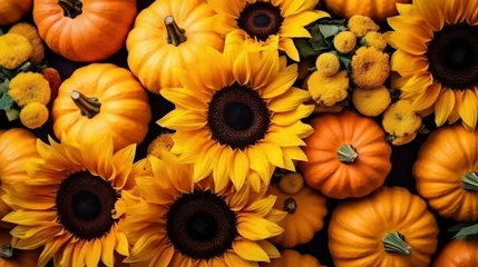 Deurstickers Various pumpkins with sunflowers on autumn background © MSTSANTA