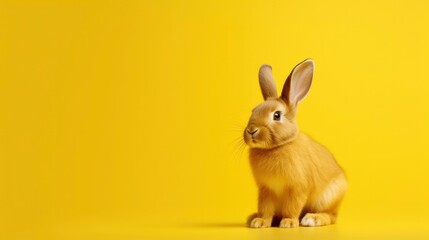 Fototapeta na wymiar Small cute bunny sitting on isolated yellow background