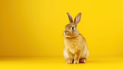 Fototapeta na wymiar Small cute bunny sitting on isolated yellow background