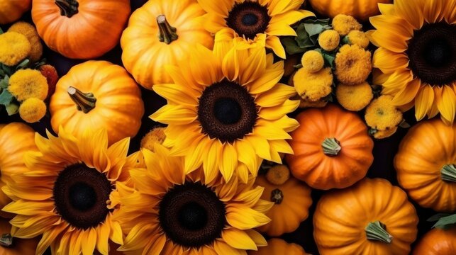 Various pumpkins with sunflowers on autumn background