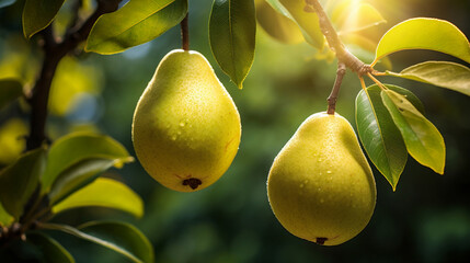 pears grow on a tree. selective focus. Generative AI,