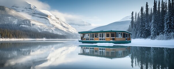 floating house during winter mountains background
