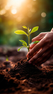 hands hold a small plant with green leaves and care for it in rich dark soil in sunlight. Caring for the environment. Planting and watering plants. Sustainable food. Buds. Growing organic produce