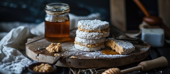 Protein-rich, healthy breakfast: rice cakes with peanut butter and honey.