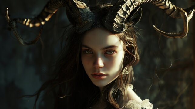 Female Model with Horns and Long Hair - Woman in the Style of Mystical Ancient God Creature (Light Gold and Light Black) - Sentimental Realism Manticore Wallpaper created with Generative AI Technology