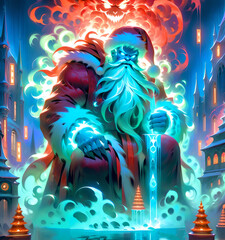 A Wizard Santa sitting on a throne with a glowing flame