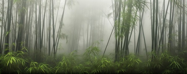 view of bamboo forest with fog in the morning during the rainy season