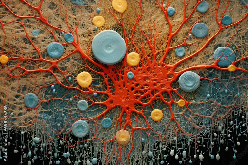 Poster A detailed image capturing the intricate tapestry of a cell, with its networks of organelles and cellular components finely woven together.