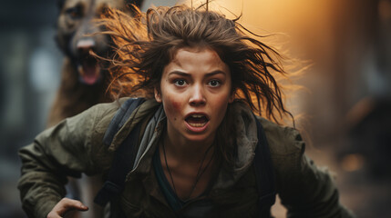 Young Woman in a Frightened Sprint with a Dog, Apt for Suspense and Thriller Concepts - obrazy, fototapety, plakaty
