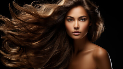Majestic Woman with Flowing Hair for Beauty Campaigns, Perfect for Hair Products, Dark Background