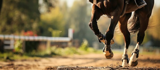 Horse's hooves overcoming obstacles in equestrian jumping competitions. - obrazy, fototapety, plakaty