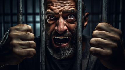 Angry male inmate confined behind bars desperately asking to released from custody symbolizing quest for fairness, dangerous criminal man in prison embodies societal threat - obrazy, fototapety, plakaty