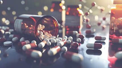Close-up of spilled prescription pills from a bottle illuminated by ethereal light - medicine and healthcare concept image - obrazy, fototapety, plakaty
