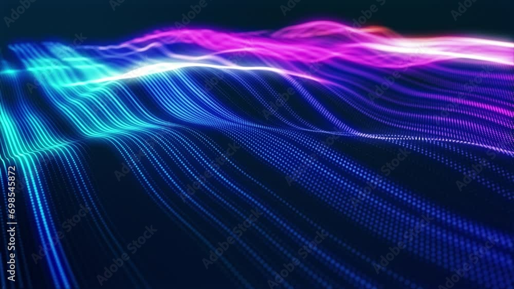 Poster blue stripes. stunning surface composed of neon glow particles that form waves of light, creating a 