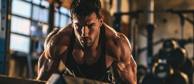 Sweaty muscular man exercising intensely in the gym for cross training motivation.
