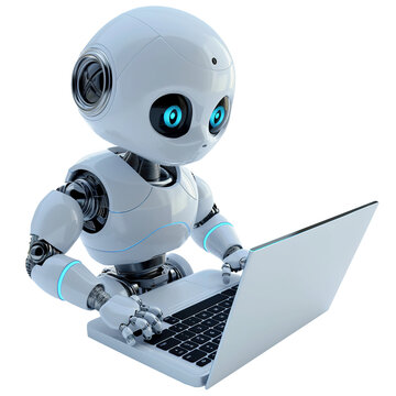 Robot works using laptop, 3d design. Suitable for technology and science