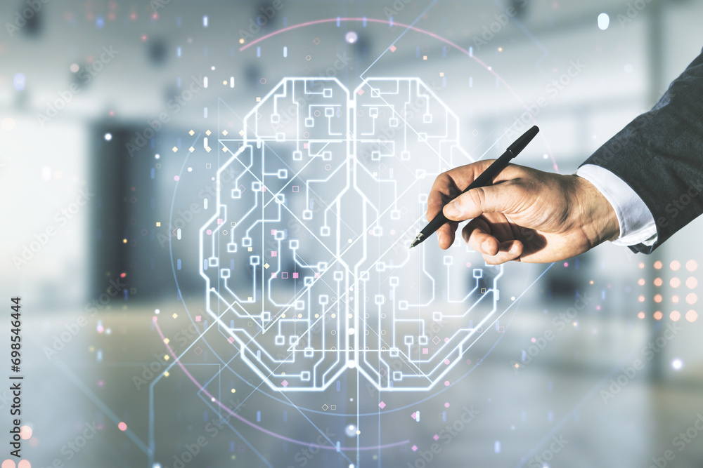 Poster man hand with pen working with virtual creative artificial intelligence hologram with human brain sk