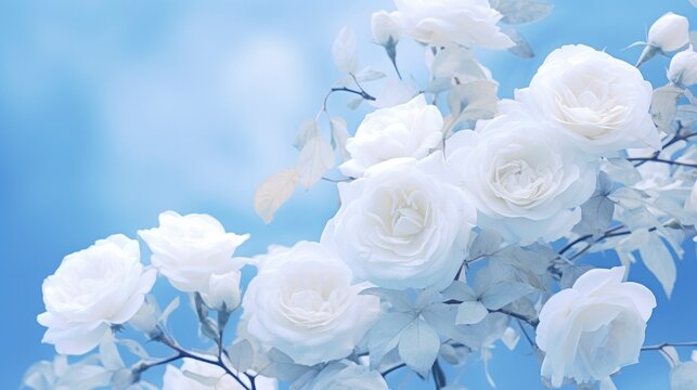 White roses bloom against blue sky background