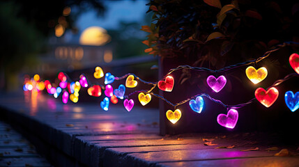 Fairy lights with colorful hearts