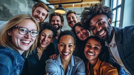 Business people, diversity and corporate friends in selfie, happy in portrait with team, solidarity and motivation. About us, professional group of men and women in the office with smile - obrazy, fototapety, plakaty