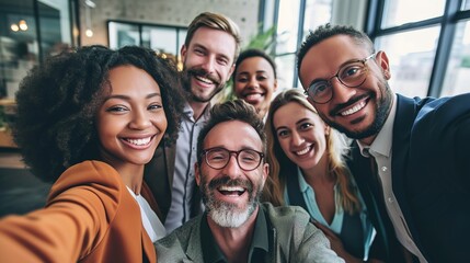 Fototapeta premium Business people, diversity and corporate friends in selfie, happy in portrait with team, solidarity and motivation. About us, professional group of men and women in the office with smile
