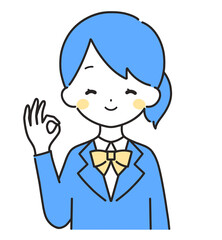 青色｜OKマークのブレザーの女の子｜上半身