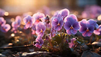 Rolgordijnen purple crocus flowers. pansy flower bed. pansy flower closeup. pansy flower field. colourful flowers in the sun. spring time flowers. winter time flowers © Divid