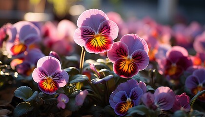 pansy flower bed. pansy flower closeup. pansy flower field. colourful flowers in the sun. spring time flowers. winter time flowers - obrazy, fototapety, plakaty